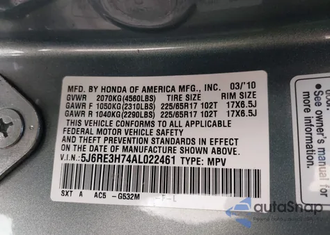 2010 Honda Cr-V Ex-L from USA, damaged, VIN 5J6RE3H74AL022461